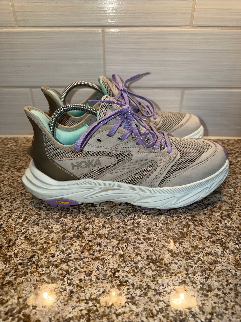 Hoka Grey Sneakers with Lavender Laces